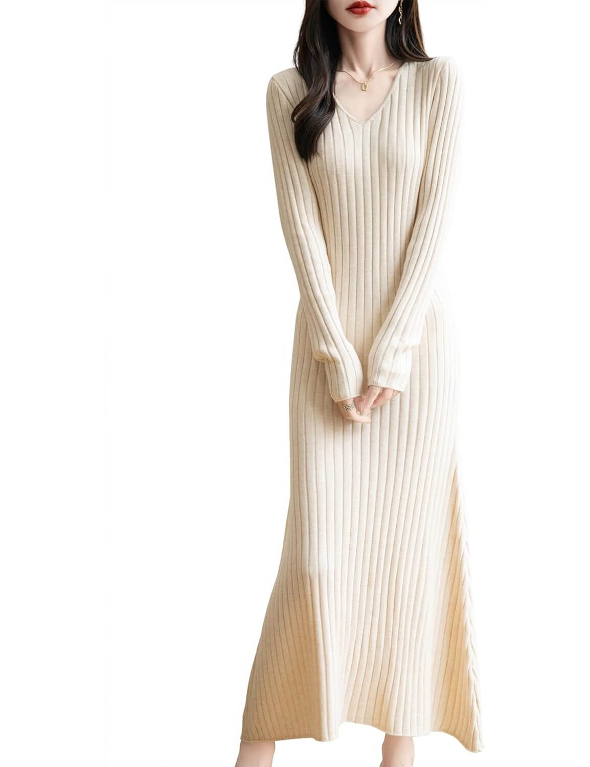 Chanyarn Women's Merino Wool Blend V-Neck Ribbed Bodycon Knit Dress Milky / L Chanyarn Women's Merino Wool Blend V-Neck Ribbed Bodycon Knit Dress Milky / L