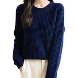 Suéter 100% lã merino waffle tricotado com gola redonda