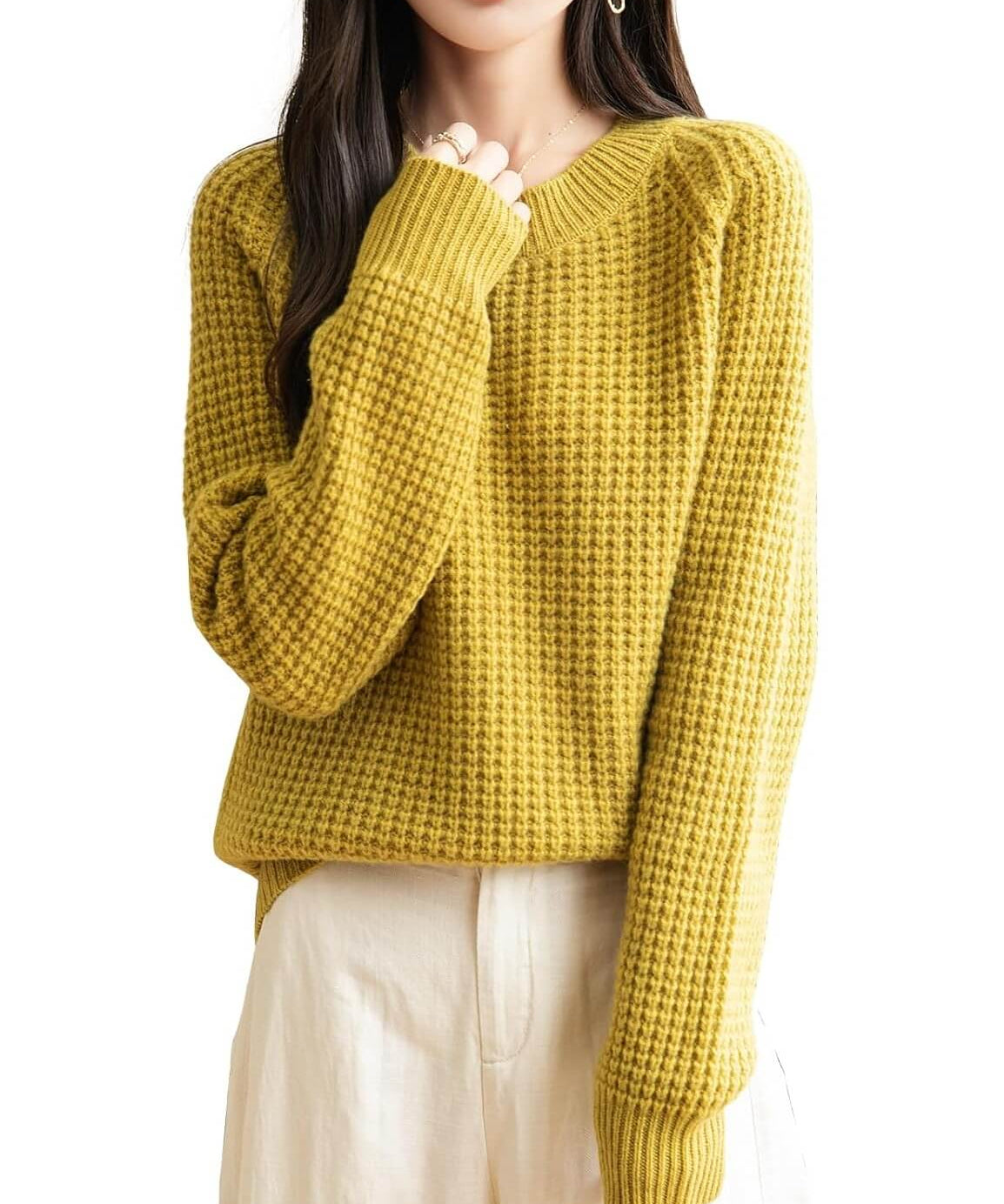 100% Merino Wool Waffle Knit Crewneck Sweater