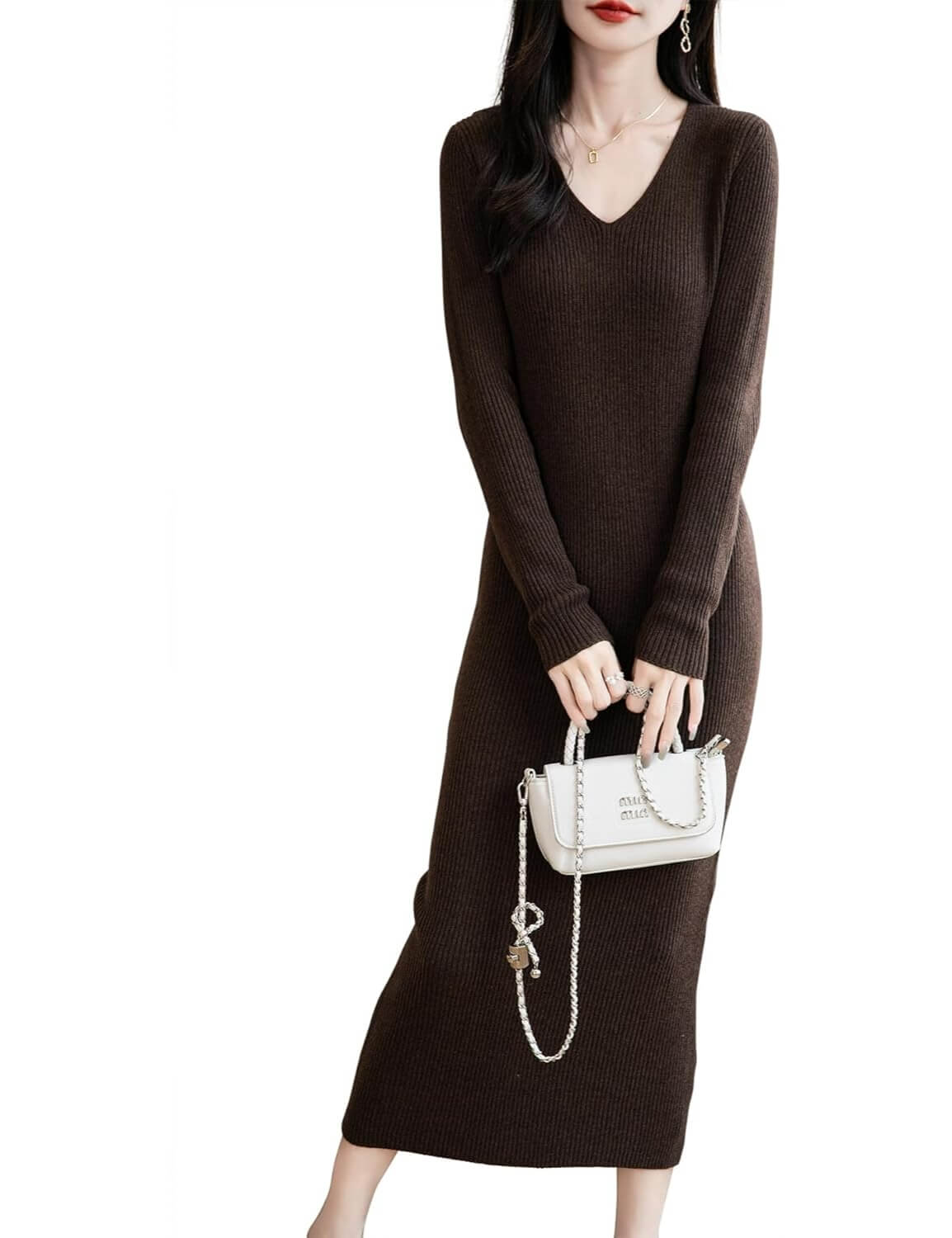 Chanyarn Women's Merino Wool Blend Ribbed Mock Neck Sweater Dress, Coffee / M Chanyarn Women's Merino Wool Blend Ribbed Mock Neck Sweater Dress, Coffee / M