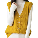 100% Merino Wool V-Neck Button Cable Knit Sweater Vest