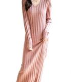 Merino Wool Blend V-Neck Ribbed Bodycon Knit Dress