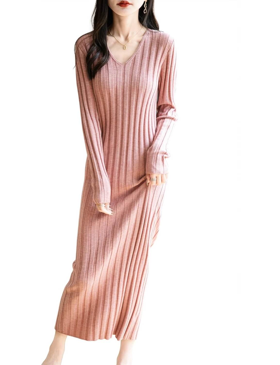 Chanyarn Women's Merino Wool Blend V-Neck Ribbed Bodycon Knit Dress Chanyarn Women's Merino Wool Blend V-Neck Ribbed Bodycon Knit Dress