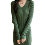 Merino Wool Blend V-Neck Ribbed Knit Sweater Dress