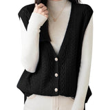 100% Merino Wool V-Neck Button Cable Knit Sweater Vest