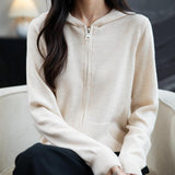 메리노 울 블렌드 지퍼 크루넥 후드 니트 카디건