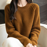 Suéter 100% lã merino waffle tricotado com gola redonda