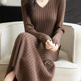 Merino Wool Blend V-Neck Ribbed Bodycon Knit Dress