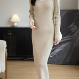 Merino Wool Blend V-Neck Ribbed Knit Long Sweater Dress