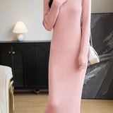 Merino Wool Blend V-Neck Ribbed Knit Long Sweater Dress
