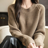 Suéter 100% lã merino waffle tricotado com gola redonda