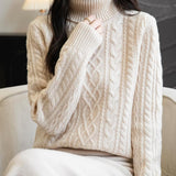 100% Merino Wool Turtleneck Casual Cable Knit Sweater