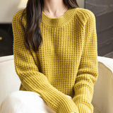 Suéter 100% lã merino waffle tricotado com gola redonda