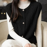 100% Merino Wool Crewneck Button Cable Knit Sweater Vest