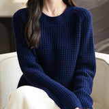 Suéter 100% lã merino waffle tricotado com gola redonda