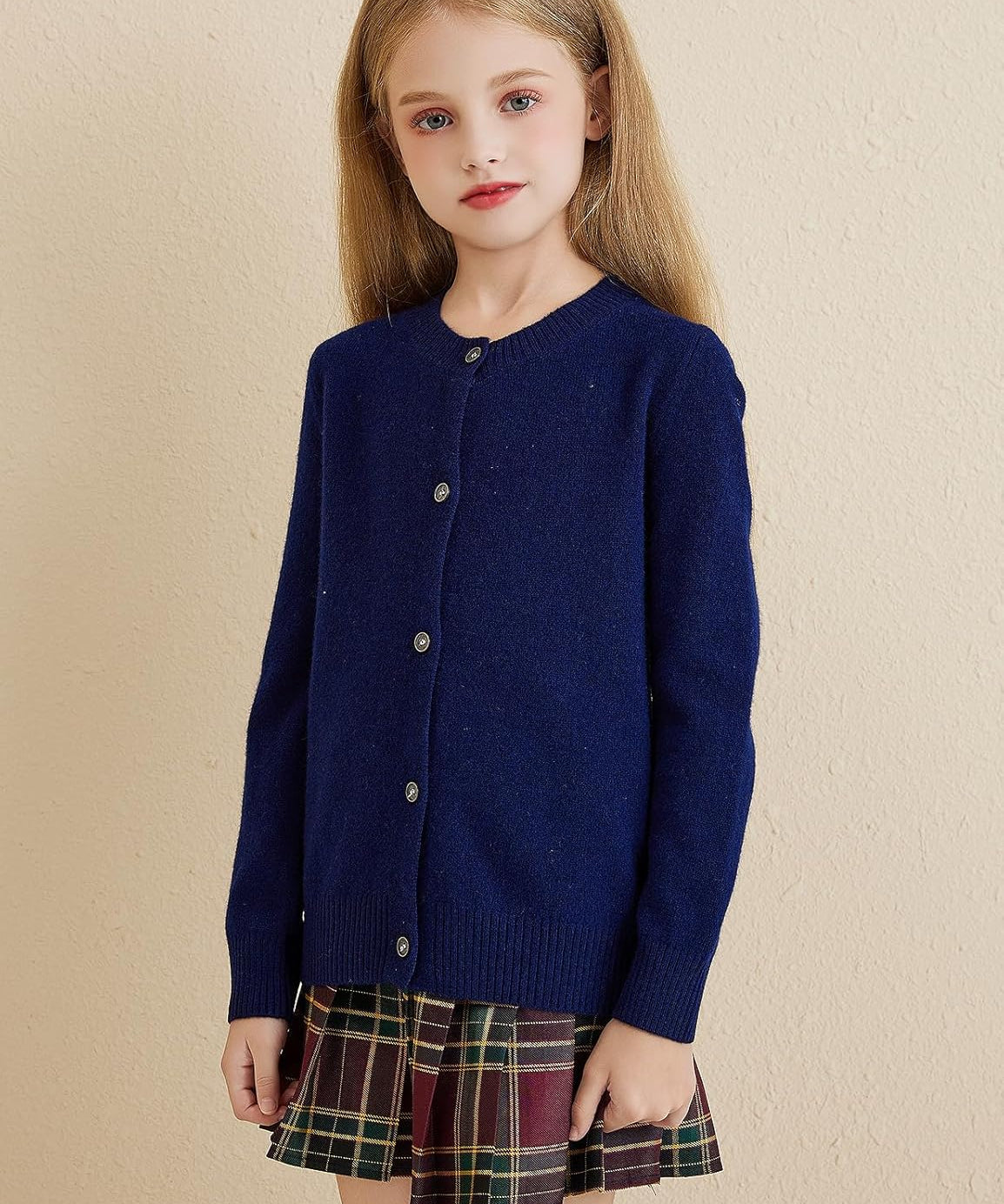 Dziewczęcy kardigan ze 100% wełny merynosów z okrągłym dekoltem