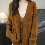 Chanyarn Women's 100%Merino Wool Seater 2025秋冬v頸部長袖ビンテージケーブルニットカーディガンセーター