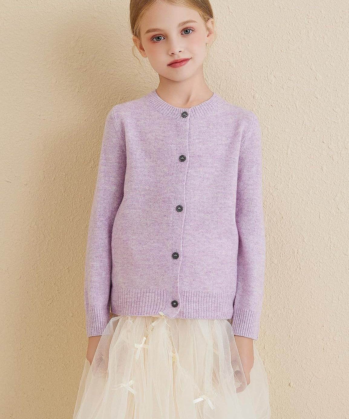 Dziewczęcy kardigan ze 100% wełny merynosów z okrągłym dekoltem