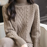 100% Merino Wool Turtleneck Casual Cable Knit Sweater