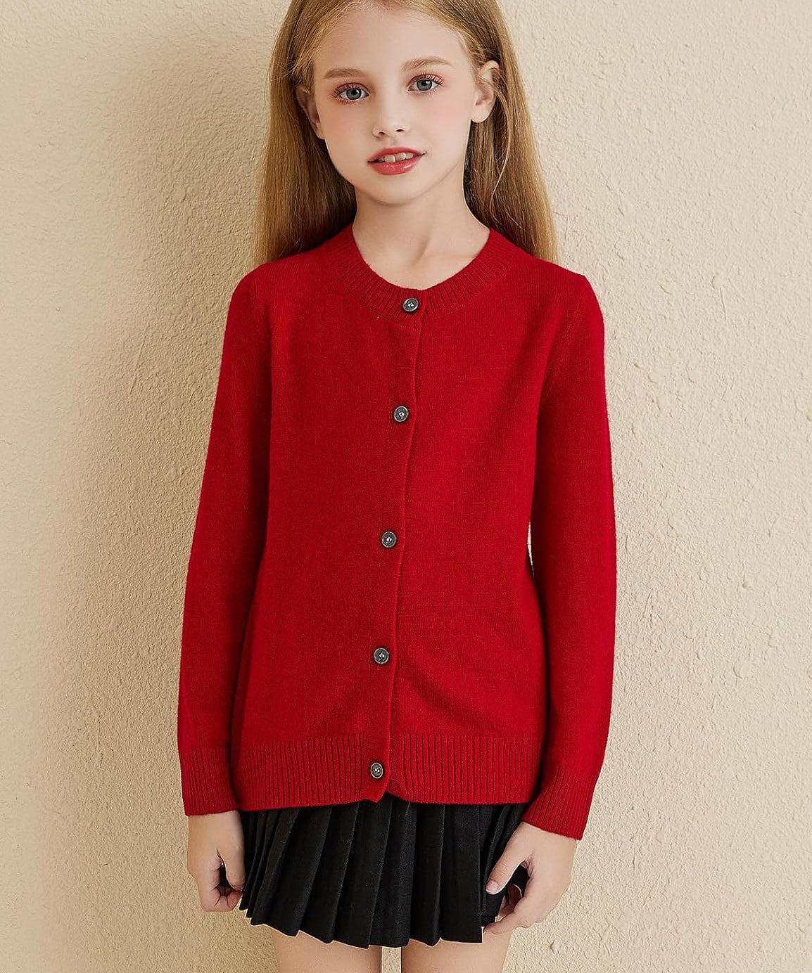 Dziewczęcy kardigan ze 100% wełny merynosów z okrągłym dekoltem