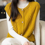 100% Merino Wool Crewneck Button Cable Knit Sweater Vest