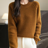 Suéter 100% lã merino waffle tricotado com gola redonda