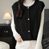 100% Merino Wool Crewneck Button Cable Knit Sweater Vest
