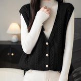 100% Merino Wool V-Neck Button Cable Knit Sweater Vest
