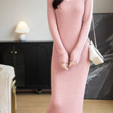 Merino Wool Blend V-Neck Ribbed Knit Long Sweater Dress