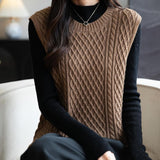 Merino Wool Blend Classic Crew Neck Cable Knit Vest