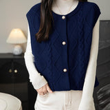 100% Merino Wool Crewneck Button Cable Knit Sweater Vest