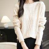 100% Merino Wool Vintage Crewneck Casual Cable Knit Sweater