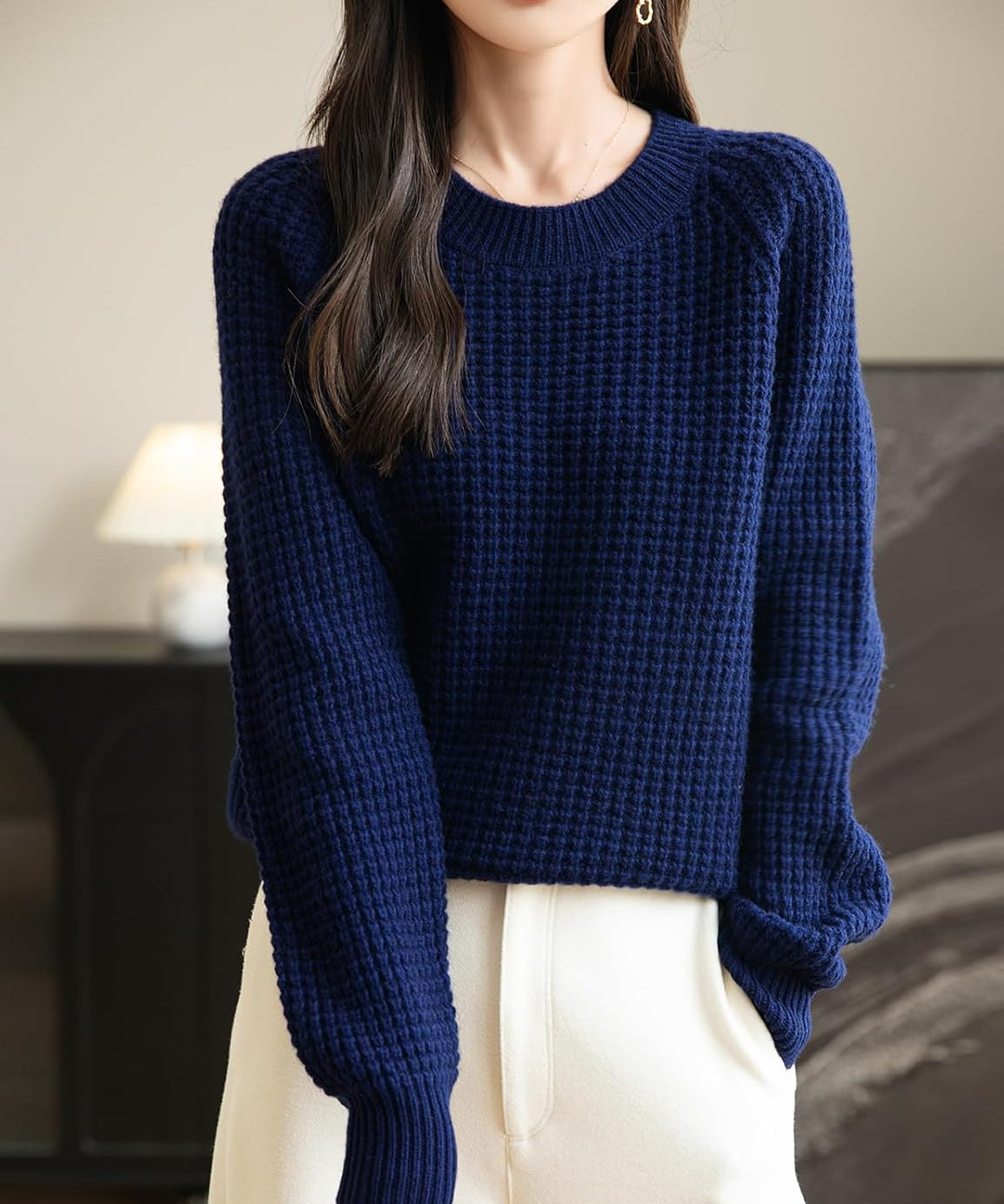 100% Merino Wool Waffle Knit Crewneck Sweater