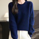 Suéter 100% lã merino waffle tricotado com gola redonda