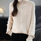 Merino Wool Blend Dragkedja Stickad Sweatshirt Cardigan