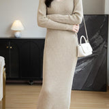Merino Wool Blend V-Neck Ribbed Knit Long Sweater Dress