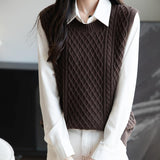 Merino Wool Blend Classic Crew Neck Cable Knit Vest