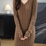 Merino Wool Blend V-Neck Ribbed Bodycon Knit Dress