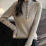 메리노 울 블렌드 컬러 블록 스탠드 칼라 스웨터