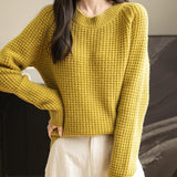 Suéter 100% lã merino waffle tricotado com gola redonda