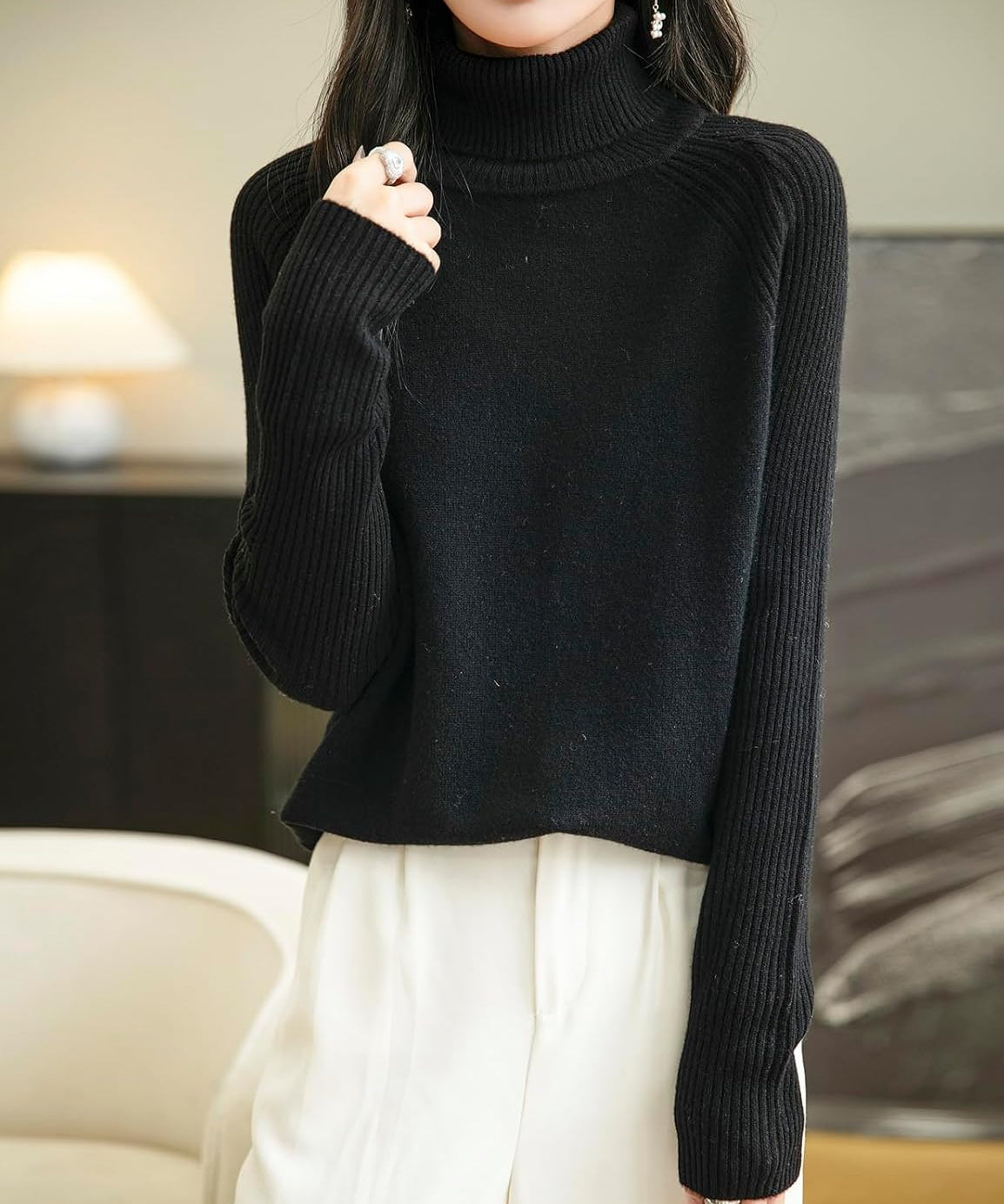 100% Merino Wool Raglan Turtleneck Sweater