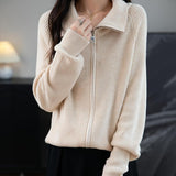 Merino Wool Blend Dragkedja Stickad Sweatshirt Cardigan