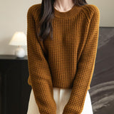 Suéter 100% lã merino waffle tricotado com gola redonda