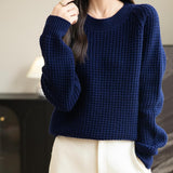 Suéter 100% lã merino waffle tricotado com gola redonda