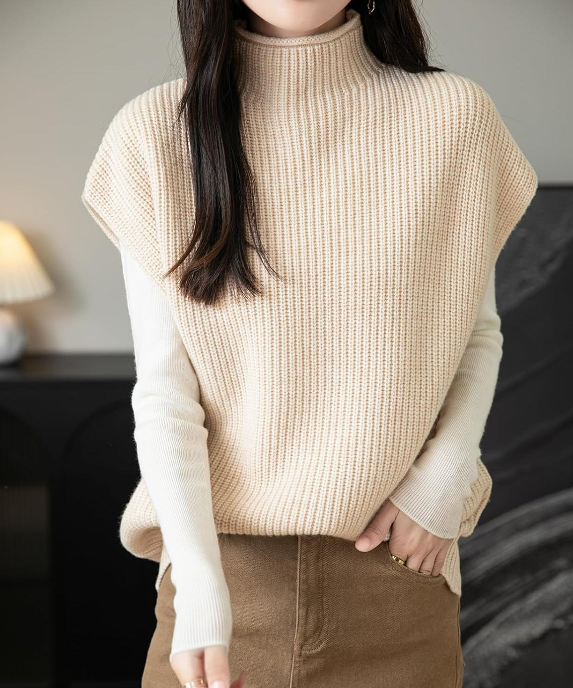 100% Merino Wool Casual Turtleneck Knit Sweater Vest