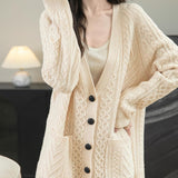 Chanyarn Women's 100%Merino Wool Seater 2025秋冬v頸部長袖ビンテージケーブルニットカーディガンセーター