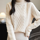 100% Merino Wool Turtleneck Casual Cable Knit Sweater