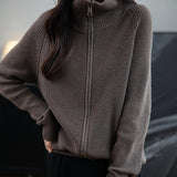 Merino Wool Blend Dragkedja Stickad Sweatshirt Cardigan