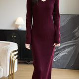 Merino Wool Blend V-Neck Ribbed Knit Long Sweater Dress