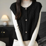 100% Merino Wool Crewneck Button Cable Knit Sweater Vest